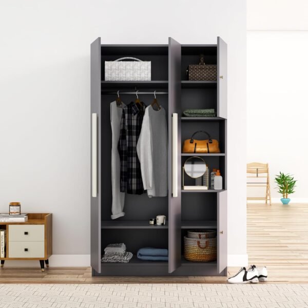 Bniture Wooden Almirah for Clothes, Door for Bedroom, 4 Door Wardrobe with Hanging Space (50D x 105W x 180H CM) |3 Year Warranty (Slate Grey)