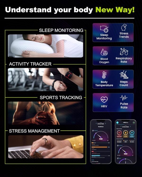 aabo Smart Ring for Men Women | Fitness Tracker Ring | Titanium | Sleep Tracker | Easy Connectivity | No App Subscription | Water Resistant (50m) | Upto 7-Day Battery Life | (Gold, Size 11)