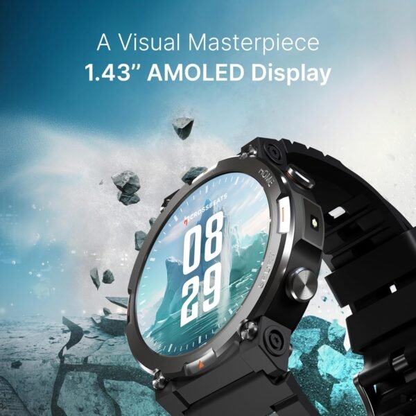 CrossBeats Everest 2.0 Smart Watch for Men 1.43" True AMOLED, Always ON Display Bluetooth Calling Rugged Outdoor with Flash Light Upto 15 Days Battery Life Smartwatch 100+ Sports Mode (Black)