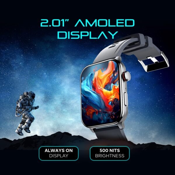 itel ICON-3 Smartwatch with Single chip BT Calling, 2.01" AMOLED Display, 500 Nits Brightness, Functional Crown, IP67 Waterproof, 170+ Watch Faces, 24Hr Health Monitor (Dark Chrome)