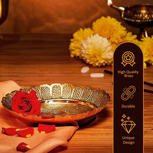 Klassic 5 Inch Engraved Small Brass Pooja Thali Brass | Handcrafted | Unique Design | Best for Prasad Bhog, Pooja, Navratri (Pack of 1, Golden)