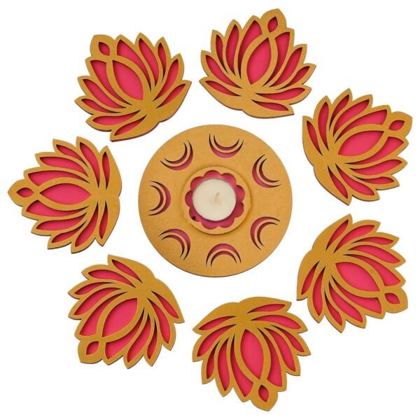 eCraftIndia Golden Pink MDF Wooden Cut Out Lotus Flower Rangoli Showpieces Tea Light Candle Holders for Diwali, Navratri Festival, Pooja, Home Decoration - Diwali Decoration Items for Home Decor