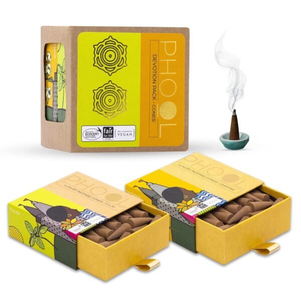 PHOOL LUXURY INCENSE Devotion Pack Of 2 Natural Incense Cones | Fragrance - Tulsi & Jasmine | Special Char Dham Yatra Pack | 80 Natural & Organic Dhoop Cones For Pooja | Free Dhoop Stand Inside