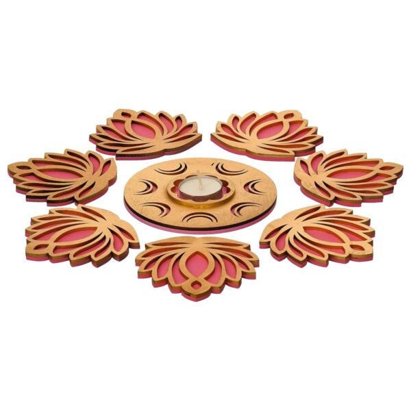 eCraftIndia Golden Pink MDF Wooden Cut Out Lotus Flower Rangoli Showpieces Tea Light Candle Holders for Diwali, Navratri Festival, Pooja, Home Decoration - Diwali Decoration Items for Home Decor