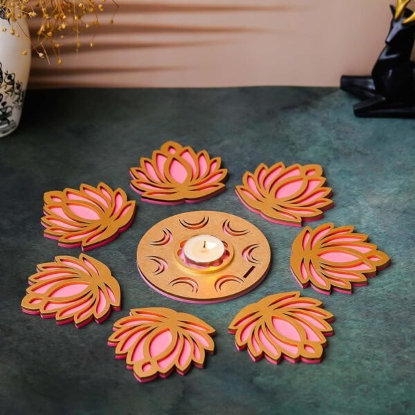 eCraftIndia Golden Pink MDF Wooden Cut Out Lotus Flower Rangoli Showpieces Tea Light Candle Holders for Diwali, Navratri Festival, Pooja, Home Decoration - Diwali Decoration Items for Home Decor