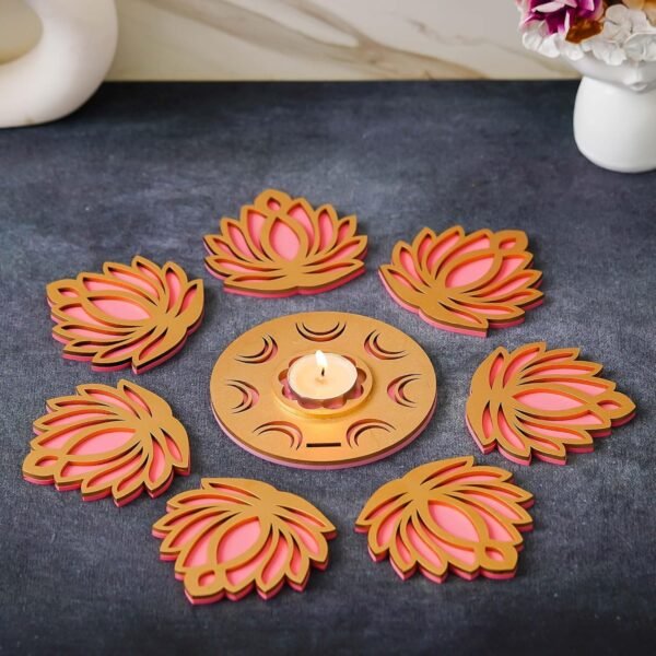 eCraftIndia Golden Pink MDF Wooden Cut Out Lotus Flower Rangoli Showpieces Tea Light Candle Holders for Diwali, Navratri Festival, Pooja, Home Decoration - Diwali Decoration Items for Home Decor