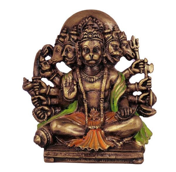 Copperhoard Multi Gold Colour Resin Panchmukhi Hanuman Murti Vintage Statue for Home Temple, 5.4 Cm