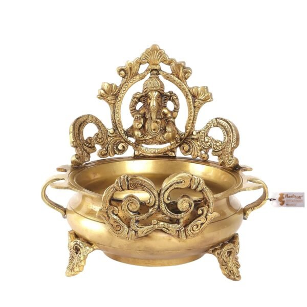 Two Moustaches Brass Ethnic Carved Ganesha Design 7 Inches Brass Urli Decor Bowl, Golden, Urli Bowl for Home Decor, Uruli for Flower Decoration, Brass Pot, Brass Bowls for Pooja, Standard, Pack of 1