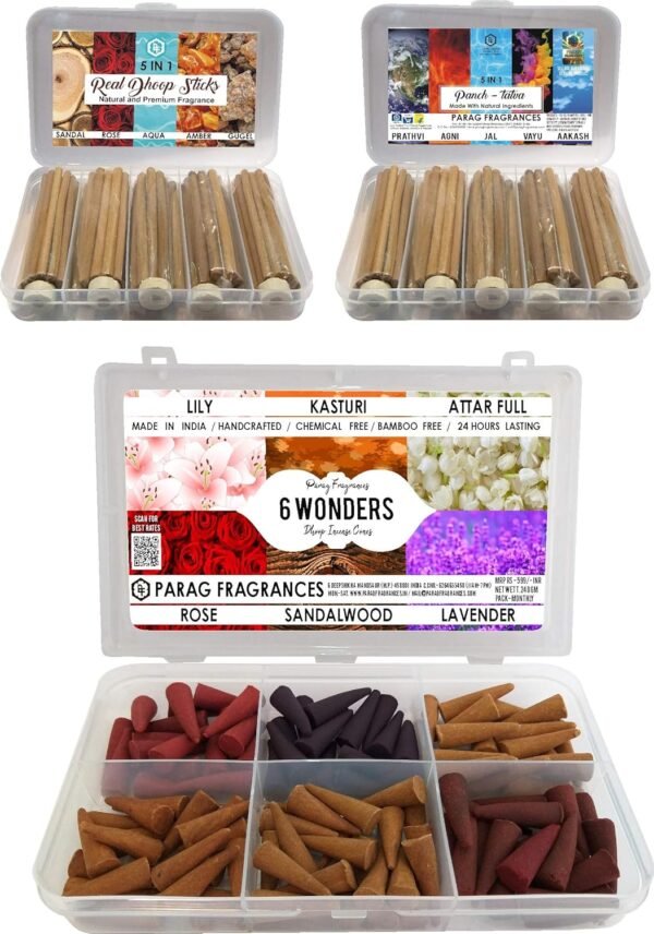 Parag Fragrances Herbal & Natural 5 in 1 Dhoop Sticks 250Gm Pack/Rose, Sandalwood, Mogra, Camphor & Kasturi / 50Gram Each/Economical Monthly Pack Dhoop Sticks for Puja & Home Fragrance