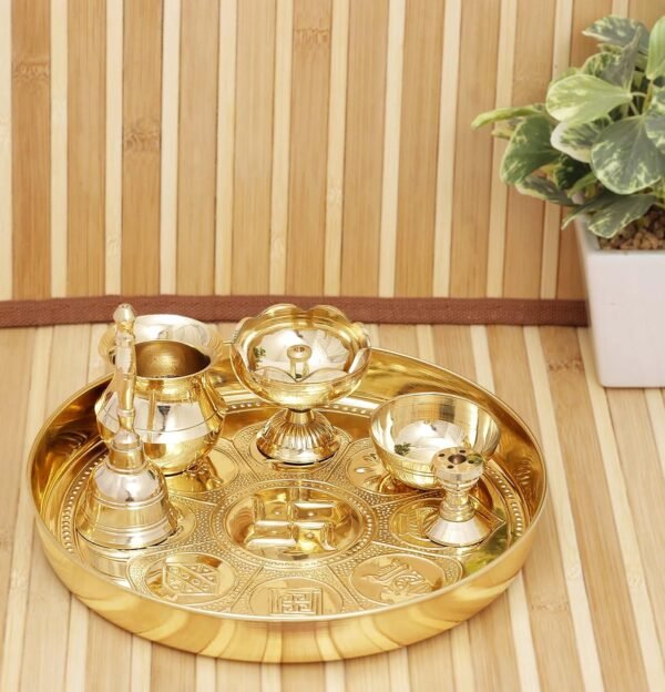 INDIAN ART VILLA Pure Brass Pooja Thali Set with Ashtmangal Beeded Design, Religious Spiritual Item, Home Temple, Diameter-8.1" Inch