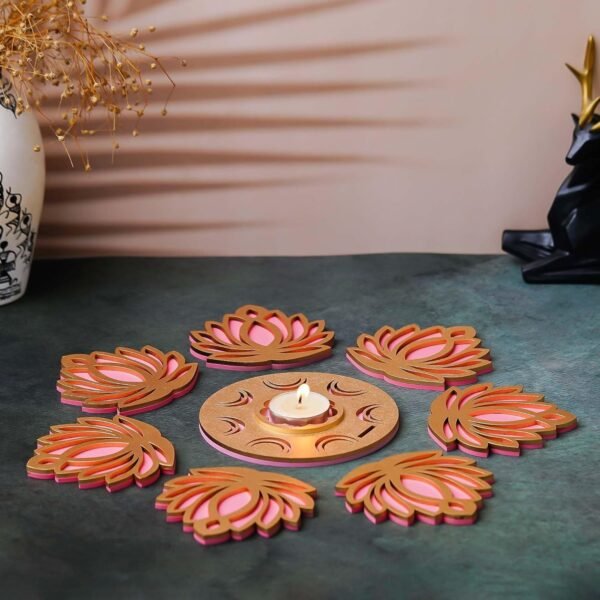 eCraftIndia Golden Pink MDF Wooden Cut Out Lotus Flower Rangoli Showpieces Tea Light Candle Holders for Diwali, Navratri Festival, Pooja, Home Decoration - Diwali Decoration Items for Home Decor