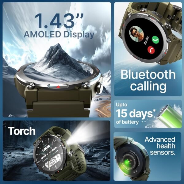 CrossBeats Everest 2.0 Smart Watch for Men 1.43" True AMOLED, Always ON Display Bluetooth Calling Rugged Outdoor with Flash Light Upto 15 Days Battery Life Smartwatch 100+ Sports Mode (Green)