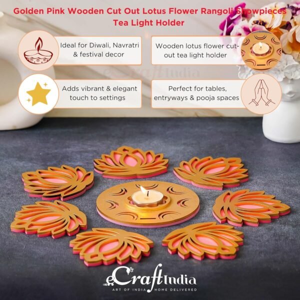 eCraftIndia Golden Pink MDF Wooden Cut Out Lotus Flower Rangoli Showpieces Tea Light Candle Holders for Diwali, Navratri Festival, Pooja, Home Decoration - Diwali Decoration Items for Home Decor