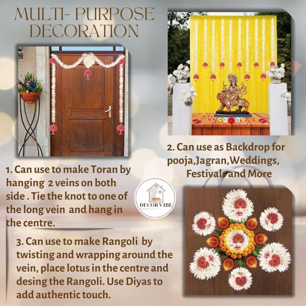 DECOR VIBE Pooja Room Decoration Item-Mandir Decoration Item, Long Length Off-White Flower- Lotus Hangings, Used as Door Hanging for Home Decoration, Diwali Decoration Items (Set of 5Pcs)