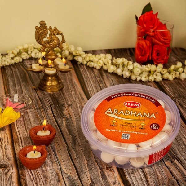 HEM Aradhna Pure Ghee Diya with Batti Pack of 100 Diyas | Pooja Room Items for Home | Wax Free | Ghee Wicks for Prayers, Rituals & Special Occasions | 30 mins Burning Time