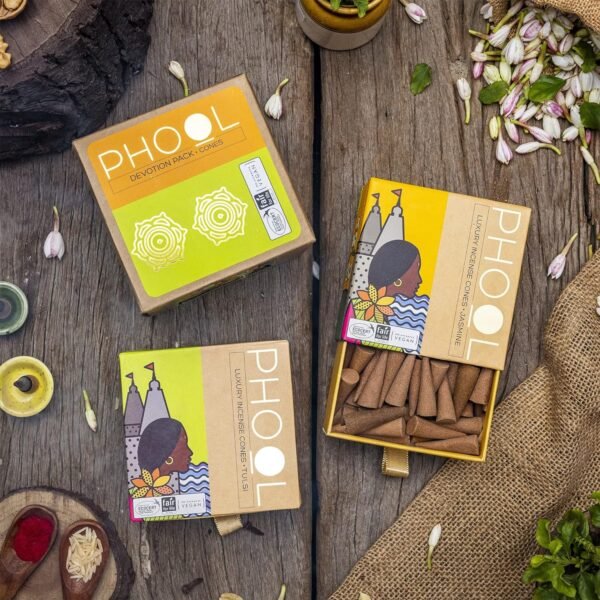PHOOL LUXURY INCENSE Devotion Pack Of 2 Natural Incense Cones | Fragrance - Tulsi & Jasmine | Special Char Dham Yatra Pack | 80 Natural & Organic Dhoop Cones For Pooja | Free Dhoop Stand Inside