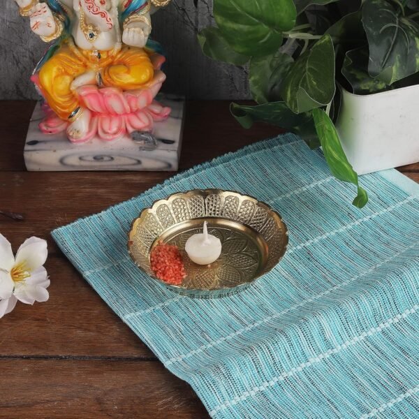 Klassic 5 Inch Engraved Small Brass Pooja Thali Brass | Handcrafted | Unique Design | Best for Prasad Bhog, Pooja, Navratri (Pack of 1, Golden)