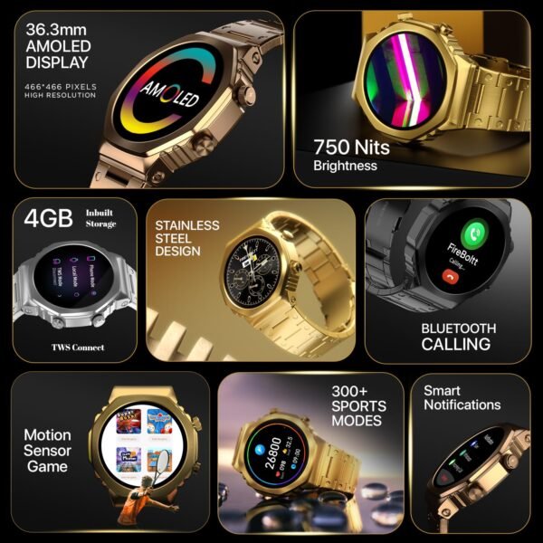 Fire-Boltt Onyx- 36.3mm AMOLED Always On Display Smart Watch, 466 * 466 High Resolution, Bluetooth Calling, Steel Design, IP67, 4GB Storage, 300+ Sports Modes, 130+ Watch Faces (Black)