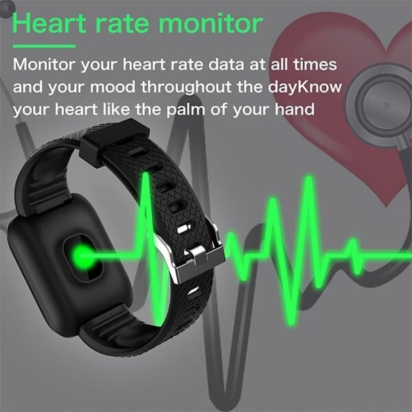 Smart Watch for Kids, Women, Girls, Boys, Men ID116 Smart Fitness Band Tracker with Heart Rate Monitor, Digital Touch Screen Water Resistant - Black