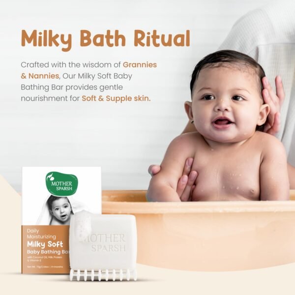 Mother Sparsh Moisturizing Milky Baby Bathing Soap Bar - 75gX2 | pH 5.5 with Milk, Coconut Oil and Vitamin E, Prevents Dryness & Rashes