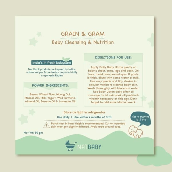 Nat Habit Baby Bath Ubtan - Daily Ubtan With Grain & Gram For 9 Month to 2 Years Old Baby Cleansing & Nutrition, Chemical-Free & Soap Free Care of Babies (80gm, Pack of 2)