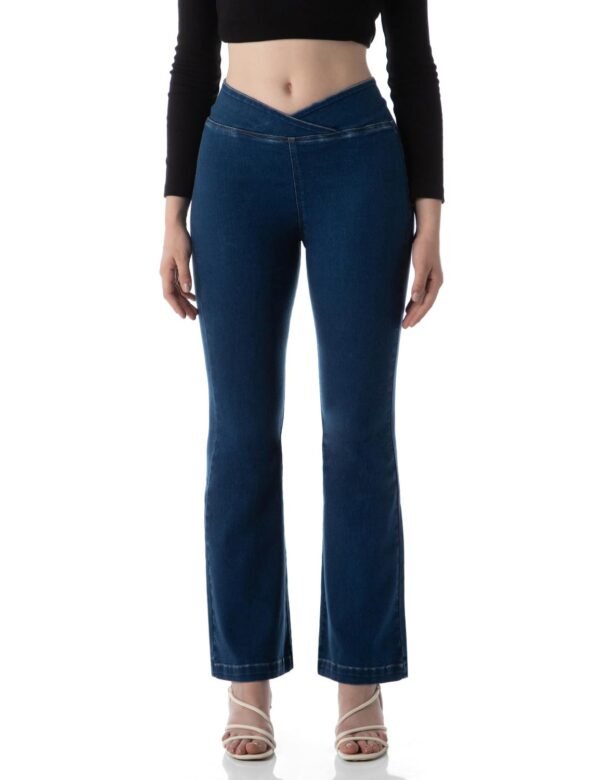 INKD Women's Flared Pull-on Jeans - Mid-Rise| Enzyme Wash and Slant Waistband