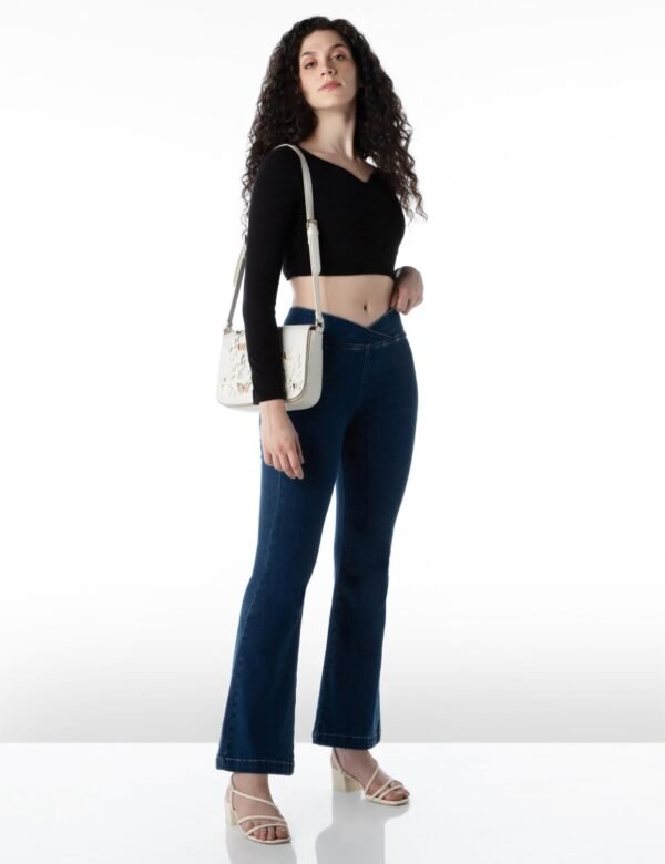 INKD Women's Flared Pull-on Jeans - Mid-Rise| Enzyme Wash and Slant Waistband