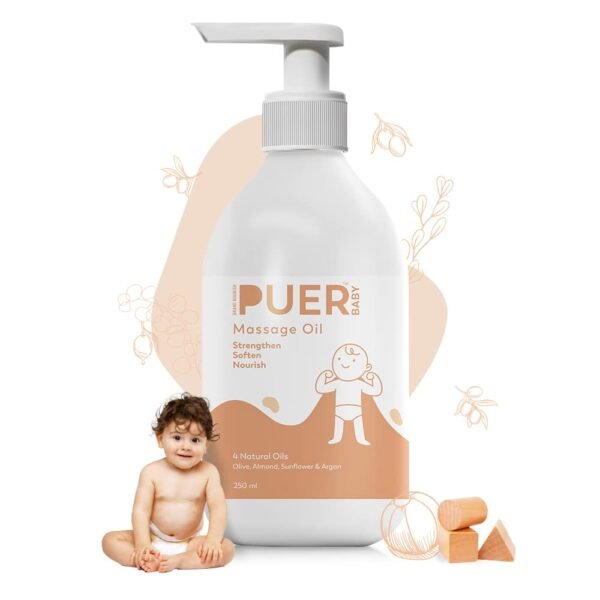 PUER Baby Massage Oil, 250 ml| Natural & Hypoallergenic| Improved muscle development| Dermatologically tested| Safest baby care| ECOCERT Certified