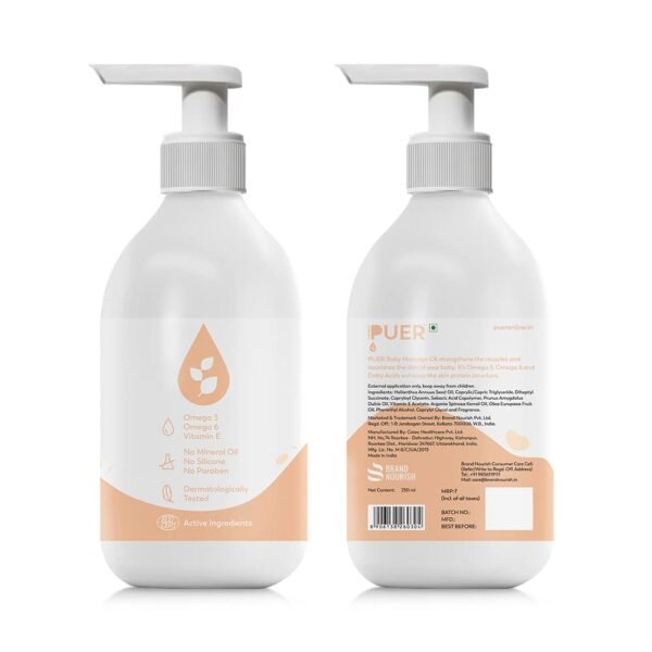 PUER Baby Massage Oil, 250 ml| Natural & Hypoallergenic| Improved muscle development| Dermatologically tested| Safest baby care| ECOCERT Certified