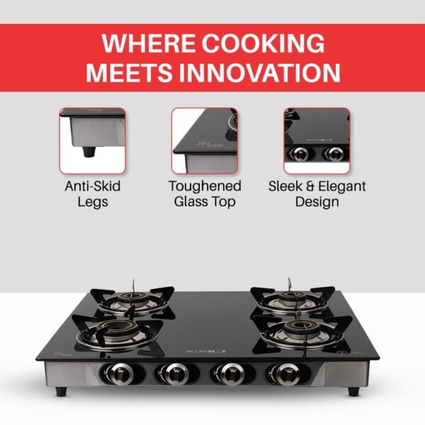BLOWHOT Jasper Heavy Tornado Brass 4 Burner Auto Ignition Gas Stove | Toughened Glass Cooktop | ISI Certified - Stainless Steel Frame Black