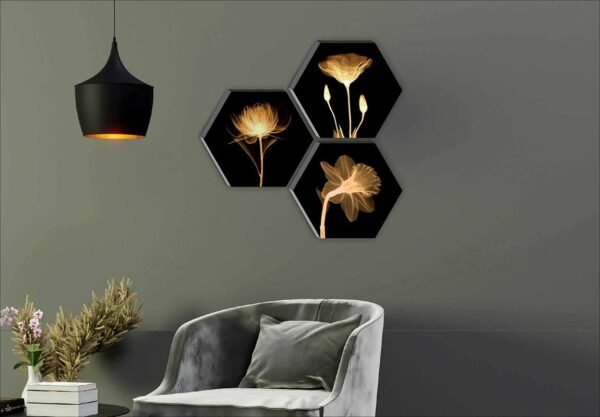 SAF Set of 3 Hexagon Preety Brown Floral UV Textured MDF Home Decorative Gift Item Painting 17 Inch X 17 Inch SANFHX15SMALL