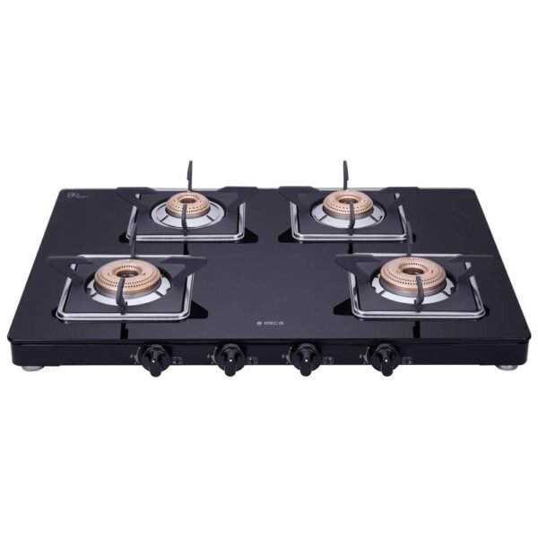 Elica Slimmest 4 Burner Gas Stove With Square Grid And Brass Burner (694 Ct Vetro (Slim Line Spf 2J), Manual Ignition, Black