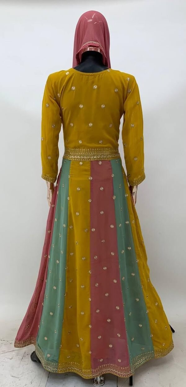 Miss Ethnik Women's Yellow Faux Georgette Stitched Top with Dupatta Full Sleeve Embroidered Anarkali Gown (ME-1183)