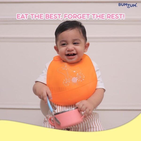 BUMTUM Baby Siliconebibs | Baby Bib for Feeding & Weaning Babies & Toddlers | Waterproof, Washable & Reusable|Non Messy Easy Cleaning, Adjustable Neckline with Buttons(Orange)