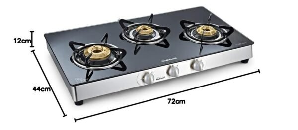Sunflame Crystal 3 Burner Gas Stove | Wide Body Design | 1 Jumbo, 1 Medium and 1 Small Brass Burner | 2 Year Product Coverage by Sunflame | Manual Ignition | Heat Resistant Knobs | PAN India Presence