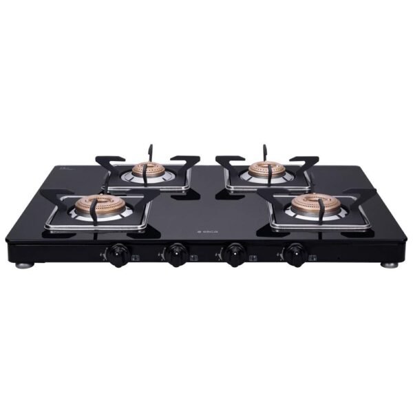 Elica Slimmest 4 Burner Gas Stove With Square Grid And Brass Burner (694 Ct Vetro (Slim Line Spf 2J), Manual Ignition, Black