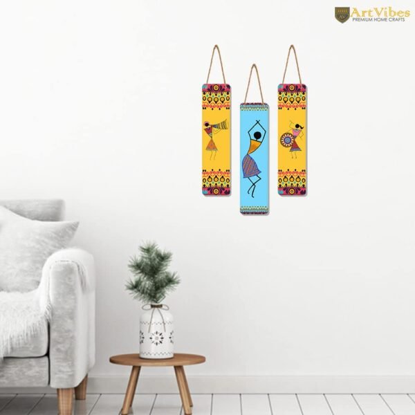Artvibes African Warli Art Designer Wooden Wall Hanging Decoration Items for Home | Gifts | Bedroom | Wooden Wall Hanger | Mdf Wall Decoration for Living Room | Artworks (WH_8108N), Set of 3