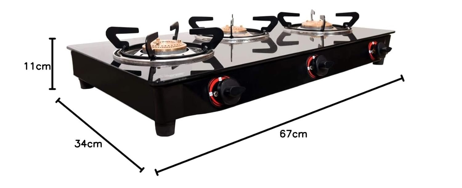 Butterfly Smart 3 Burner Glass Top Gas Stove | Manual Ignition | Scratch Resistant Toughened Glass | Brass Burners | Skid-proof Legs | 1 Year Manufacturer's Warranty | Black