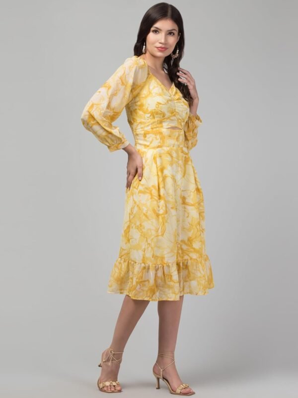 My Swag Women's Georgette V-Neck 3/4 Sleeve Floral Print Fit & Flare Smoking Dress
