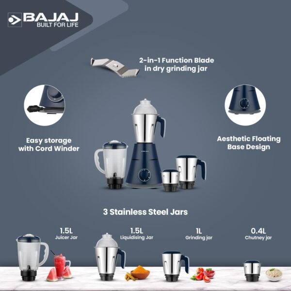 Bajaj Ninja Series Trinity Mixer Grinder 750 Watts 4 Jar|Duracut Blades|Powerful 750W Titan Motor|Floating Base Design|3 Stainless Steel Mixer Jars & 1 Juicer Jar|5-Yr Warranty|Royal Blue