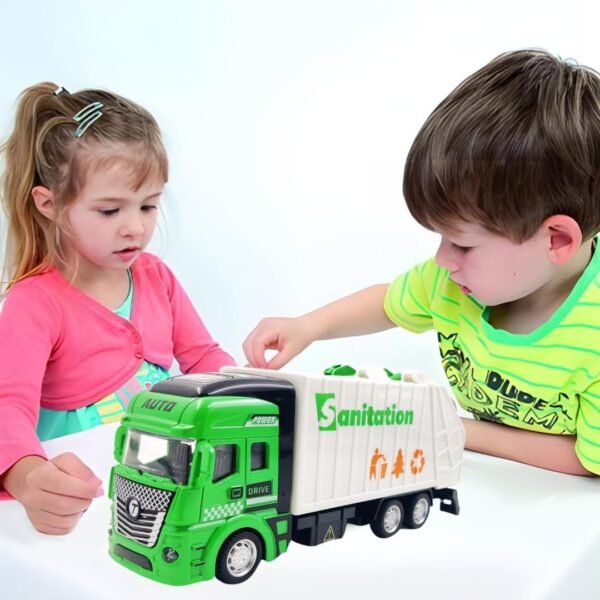 PLUSPOINT Die Cast Metal Garbage Truck Pull Back Action City Service Waste Management Truck with Trash Bin Recycling Garbage Sanitation Truck Toys for Kids Boys (Garbage Van)