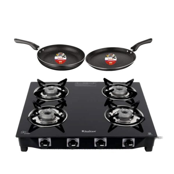 Khaitan Gas Stove Combo - One 4 Burner Active Forge Black Toughened Glass Gas Stove + 1 unit HF Dosa Tawa 250 mm + 1 unit HF Fry Pan 230 mm