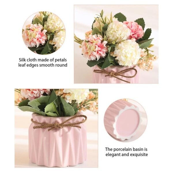 HOME ELEMENTS 1 Pc Artificial Flower with Ceramic Vase for Home Decor Hydrangea Bouquet Fake Flower Arrangements for Living Room Tabletop Showpiece Bedroom Office Desk Artificial Flower Plants (White)
