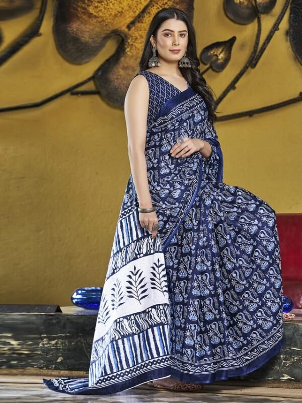 Satrani Women's Cotton Printed & Ready To Wear Saree with Unstitched Blouse Piece