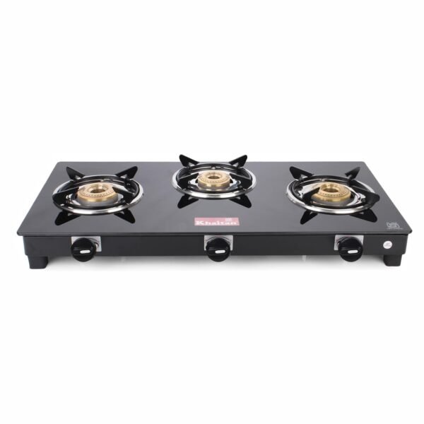Khaitan 3 Burner Active Black Toughened Glass LPG Gas Cooktop, Manual Ignition Gas Stove with 1 Year Warranty (ISI Approved)
