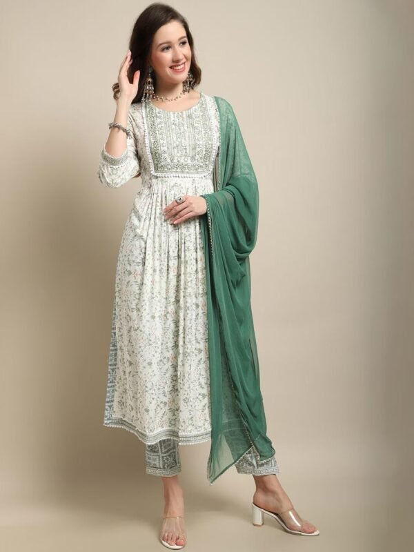Amayra Women's Rayon Nayra Cut Embroidered Kurta Pant With Dupatta Set