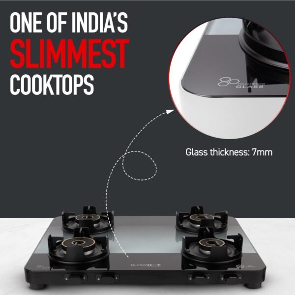 BLOWHOT Premium Sapphire Design 4 Burner Cooktop, ISI certified, Manual Slimmest Gas Stove, Built-in Dual Color Glass Top, 5 Year Warranty By Blowhot By Blowhot on Burner, Gas stove Valve and Glass