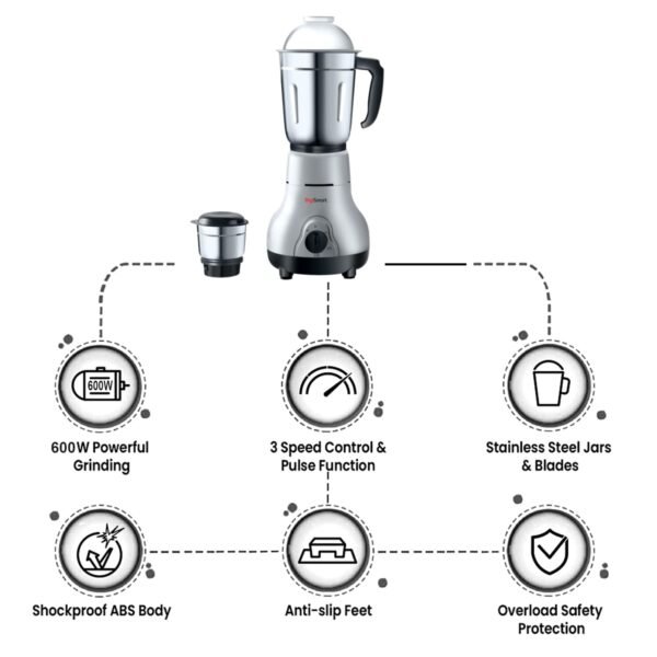 DigiSmart Kitchen Mate Powerful 600 Watt Mixer Grinder (Gray and Black) | 2 Jar | Comes With 2 Year Warranty (BLACK & GRAY)
