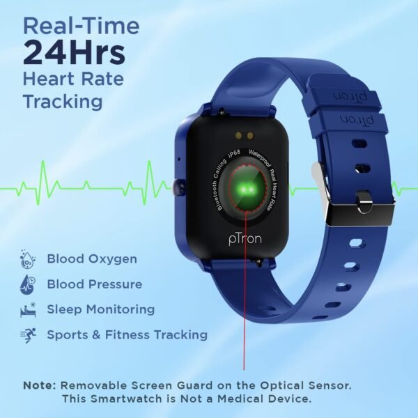 pTron Force X11 Bluetooth Calling Smartwatch with 1.7" Full Touch Color Display, Real 24/7 Heart Rate Tracking, Multiple Watch Faces, 7Days Runtime, Health/Fitness Trackers & IP68 Waterproof (Blue)