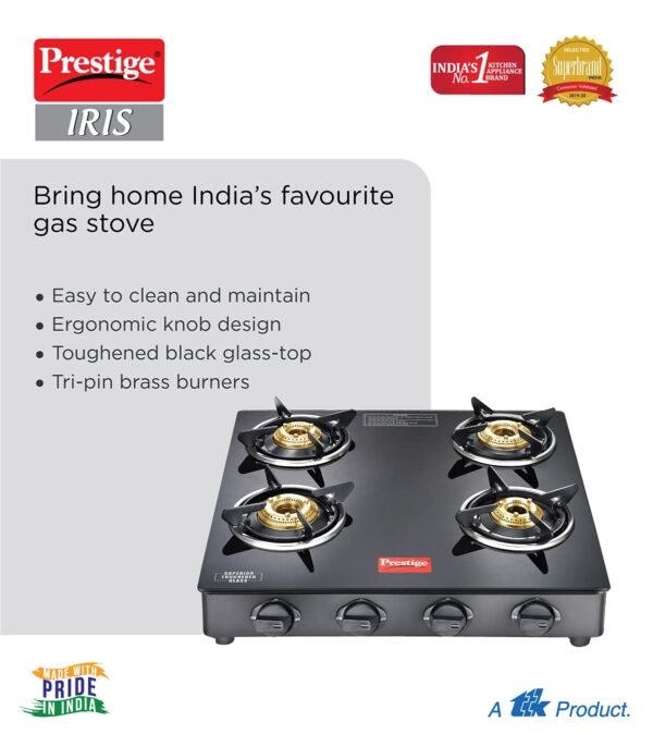 Prestige IRIS Toughened Glass-Top 4 Brass Burner Gas Stove | Black | Powder Coated Body | Ergonomic Knob | Tri-Pin brass Burners |Open